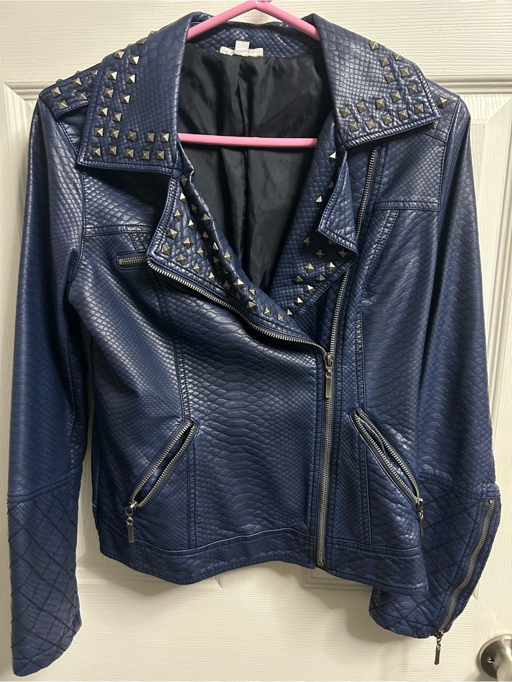 Adore Navy Blue Studded Faux-Leather Moto Jacket